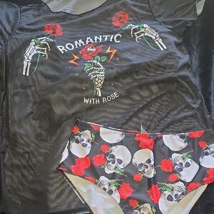 SHEIN Black Three-Piece Swim Set with Red Roses and Skull Print